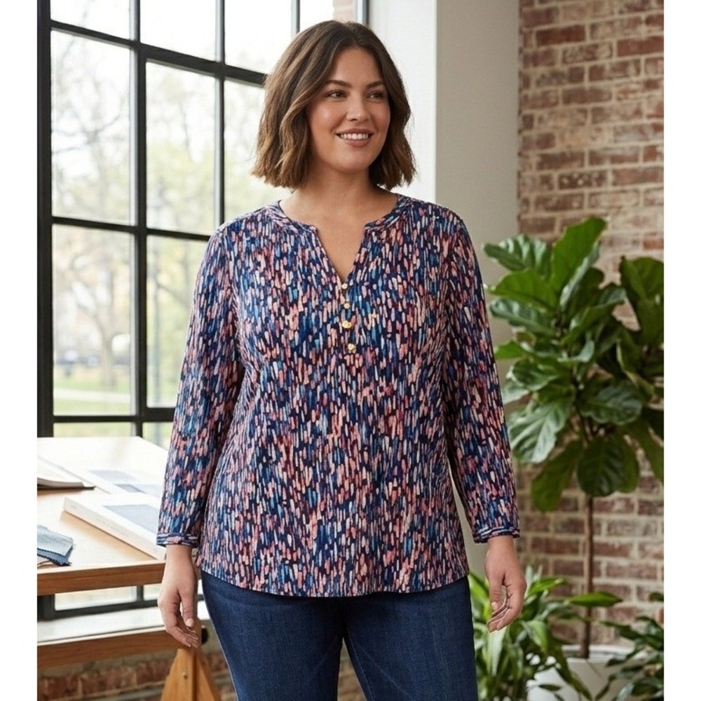 Dana Buchman Abstract Print Henley 3/4 Sleeve Blouse Women's XXL Vacation NWT
